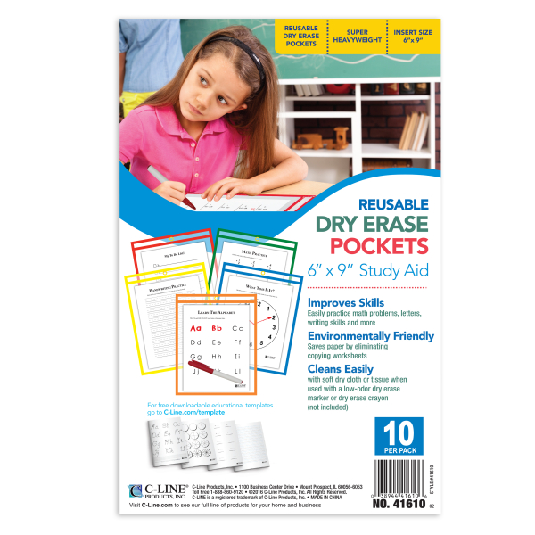 Reusable Dry Erase Pockets, 6 x 9, Assorted Primary Colors, 10/Pack