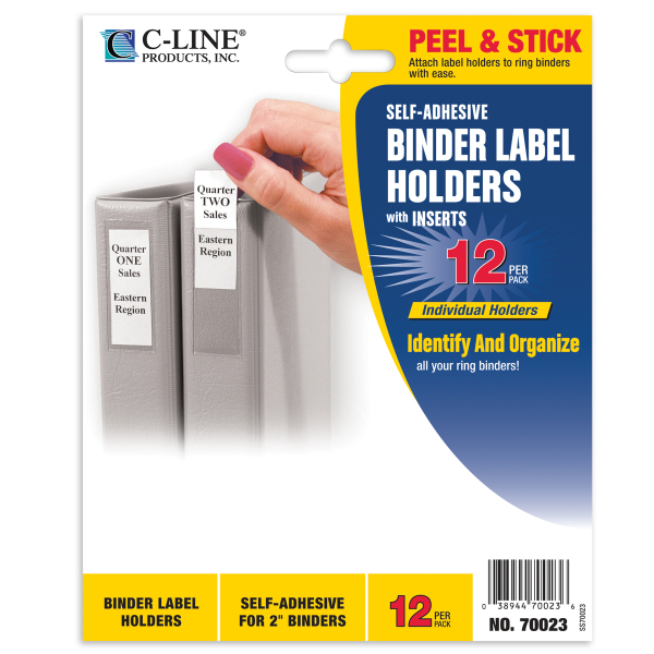 C-Line Self-Adhesive Binder Label Holders - For 2-inch Ring Binders, Peel & Stick, 2-1/4 x 3-1/16, 12/PK, 70023 C-Line Self-Adhesive Binder Label Holders - For 2-inch Ring Binders, Peel & Stick, 2-1/4 x 3-1/16, 12/PK, 70023