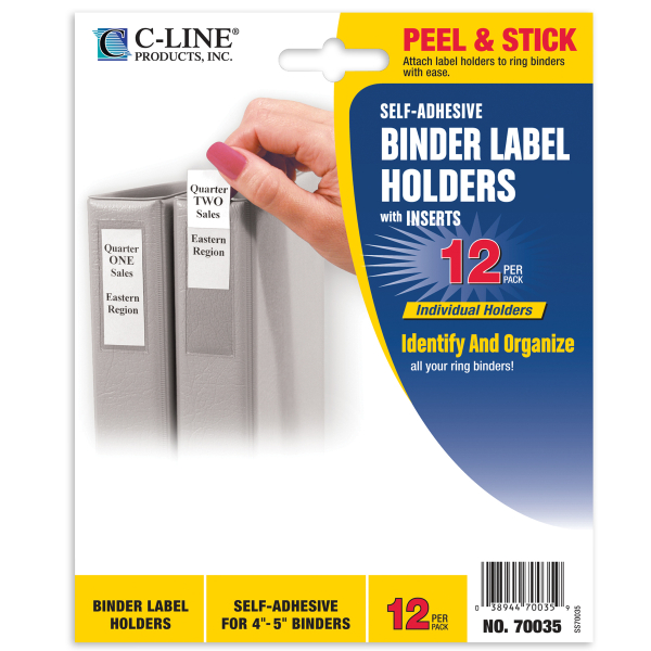 C-Line Self-Adhesive Binder Label Holders - For 2-inch Ring Binders, Peel & Stick, 2-1/4 x 3-1/16, 12/PK, 70023 C-Line Self-Adhesive Binder Label Holders - For 2-inch Ring Binders, Peel & Stick, 2-1/4 x 3-1/16, 12/PK, 70023