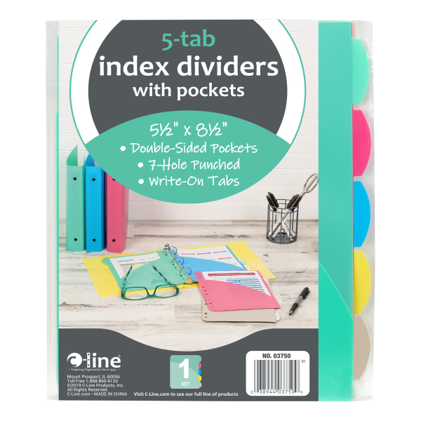 C-Line 03750 Mini Size 5-Tab Poly Index Dividers w/Pockets 12 Sets 