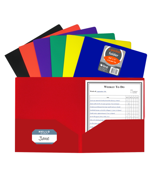Two-Pocket Heavyweight Poly Portfolio Folder, Assorted Primary Colors, Open
