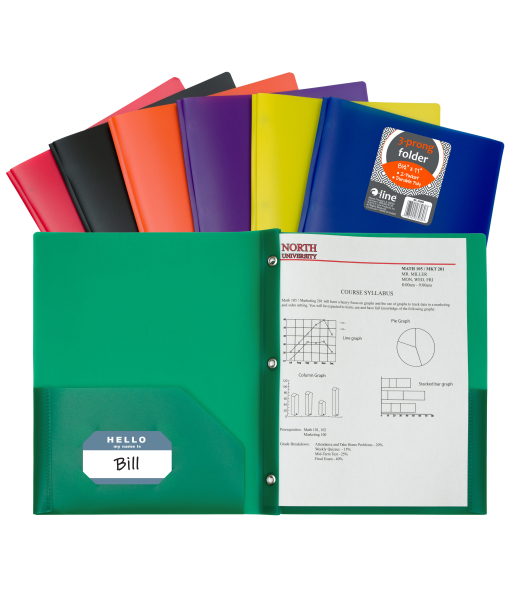 Two-Pocket Heavyweight Poly Portfolio Folder with Prongs, Assorted Primary Colors, Open With Label
