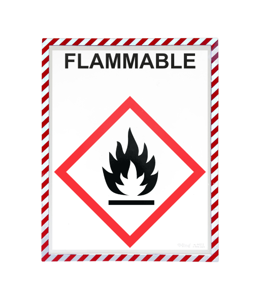 Magnetic Safety Striped Document Frame, In Use, Flammable Example