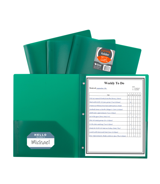 Two-Pocket Heavyweight Poly Portfolio Folder with Prongs, Green, Open